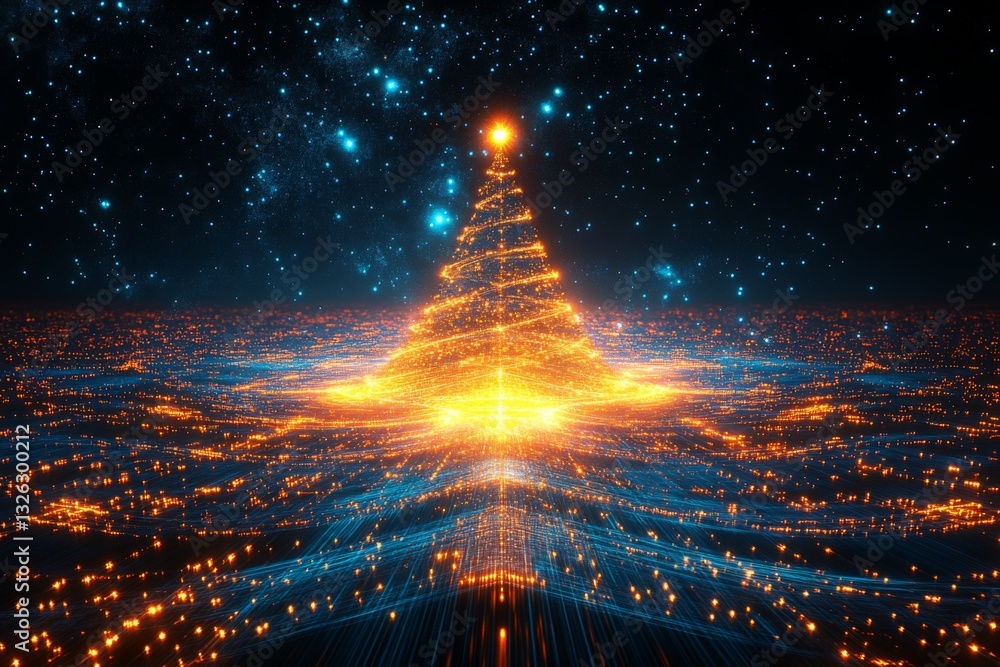 Poster vibrant digital tree structure illuminated against a cosmic backdrop