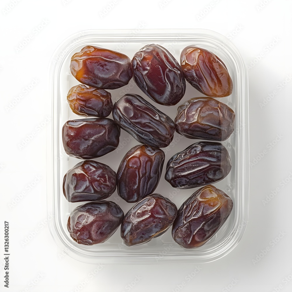 Poster freshly harvested dates arranged neatly in a clear container, highlighting their rich texture and co