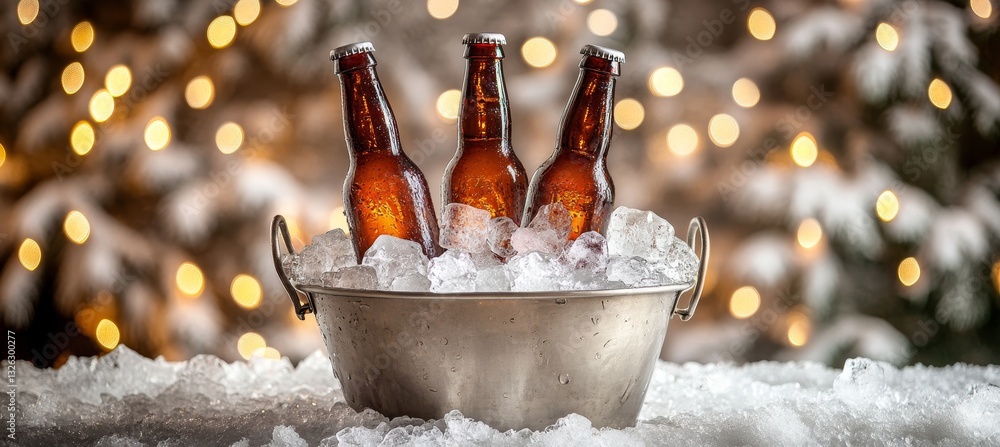 Poster cold beer bottles in bucket with ice on snowy surface, sparkling party lights in background
