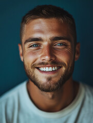 Fototapeta premium Bright smile of a young man against a dark background