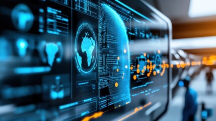 Exploring futuristic data visualization technology digital environment infographics urban setting high-tech viewpoint innovation concept