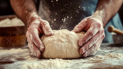 Fototapeta premium A man is kneading dough on a table