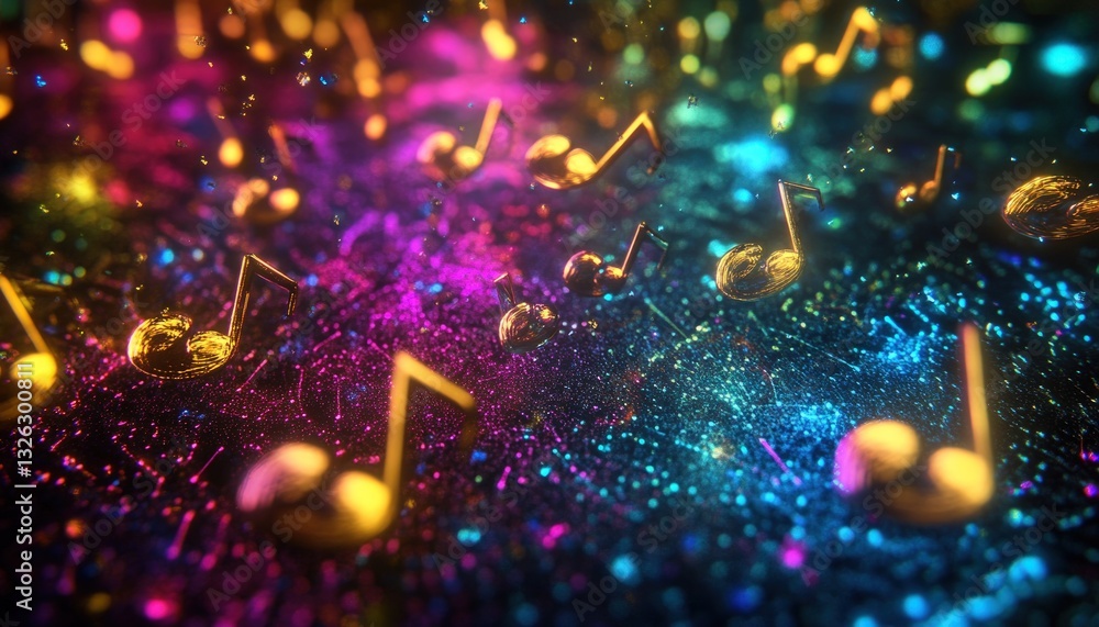 Aufkleber generic musical notes floating amidst vibrant colorful particles in a dynamic display