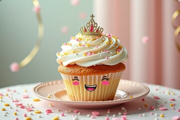 Cute smiling cupcake with crowning decoration and colorful sprinkles