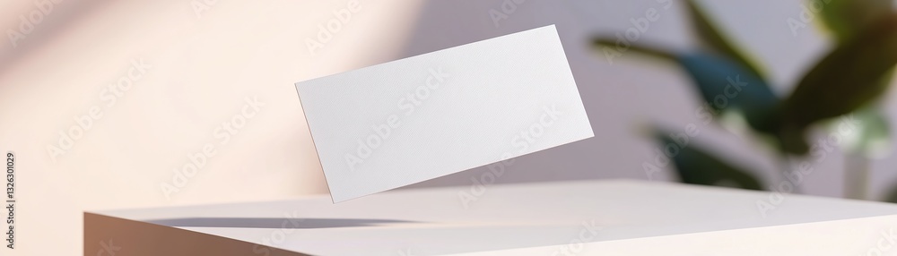 Poster a blank business card is suspended midair, casting a gentle shadow below. the softly blurred backgro