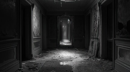Eerie Hallway with Ornate Mirror Reflecting Light in a Decayed Interior