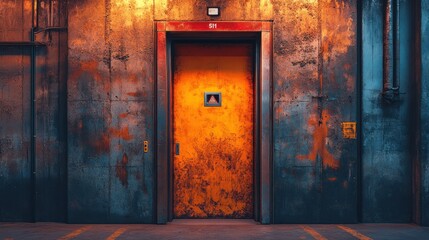 Rusty elevator, industrial setting, background pipes, mystery