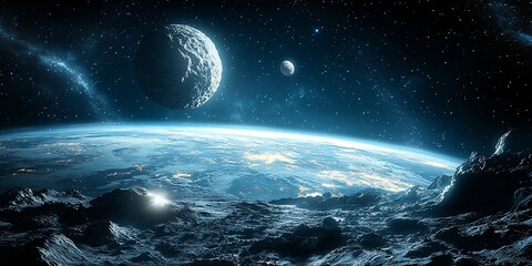Lunar landscape view of Earth, celestial background, exploration concept