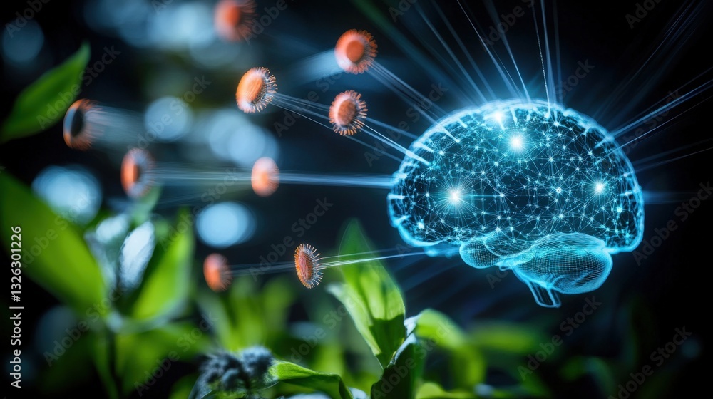Poster innovative technology event showcasing neural brain concepts in nature with a focus on digital growt