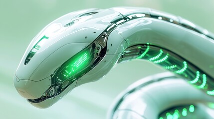 A futuristic robotic snake with segmented chrome body, pulsating neon green LED patterns, on a pastel green background