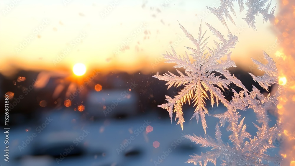 Poster frosty patterns on a window with a glowing sunset in the background, creating a serene winter scene.