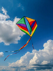 Colorful kite flying high in a blue sky on a windy day with clouds and a string drifting
