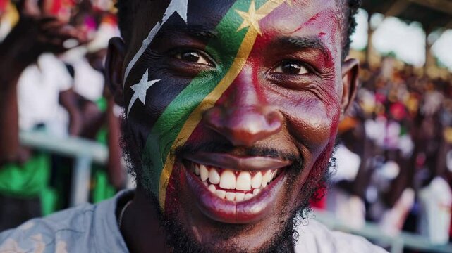 Smiling South Sudanese sports fan with flag face paint cheering at a stadium  
