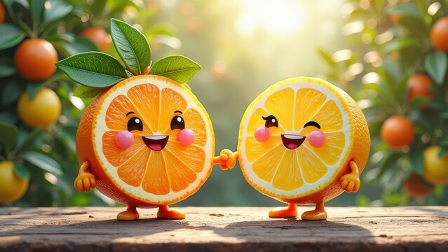 Cheerful animated orange and lemon characters in sunny orchard