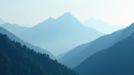 Serene Panorama of Misty Mountains and Verdant Slopes, a Tranquil Landscape Painting in Shades of Blue
