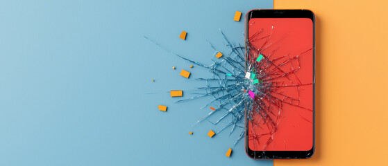 Cyber Attack with Malware Leading to Data Breach, shattered smartphone screen leaking colorful data