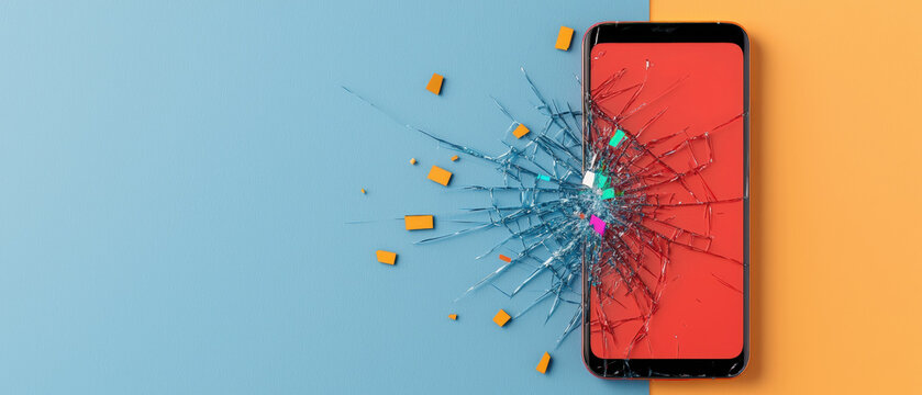 Cyber Attack with Malware Leading to Data Breach, shattered smartphone screen leaking colorful data
