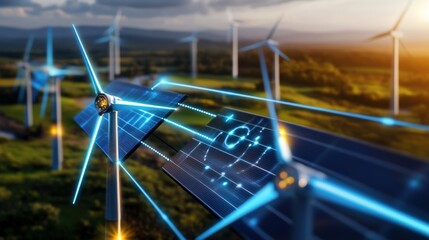 Renewable energy innovations wind turbines and solar panels natural landscape aerial view green technology for sustainable future