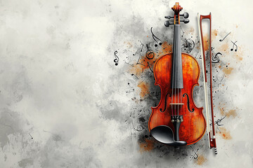 Violin with a bow against a light background with scattered notes and musical symbols. A sense of movement and creativity. Poster or banner for a concert for a violin.