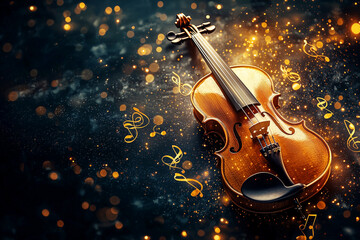Fototapeta premium Violin with stretched strings on a background decorated in artistic style with scattered golden notes and musical symbols. Poster or banner for a violin concert.