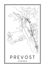Hand drawn printable downtown road map poster of the Canadian city of PREVOST on solid white background with city name