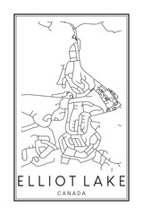 Hand drawn printable downtown road map poster of the Canadian city of ELLIOT LAKE on solid white background with city name