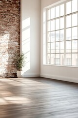 Fototapeta premium Bright and airy space featuring a rustic red brick accent wall and dark hardwood flooring