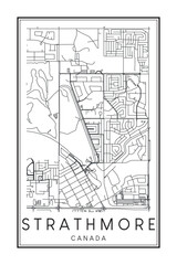 Hand drawn printable downtown road map poster of the Canadian city of STRATHMORE on solid white background with city name
