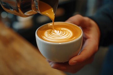 Expert barista skillfully pours latte art into a white cup in a cozy coffee shop setting