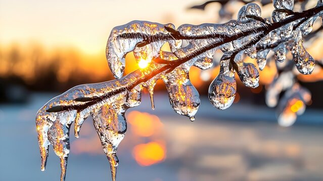 A close-up of a branch covered in ice, with sunlight reflecting through the icicles against a blurred sunset background. Concept Ice-Covered Branch, Sunlight Reflection, Blurred Sunset Background - Powered by Adobe