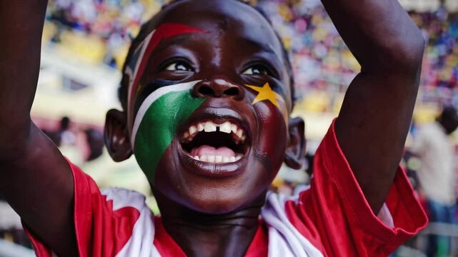 Excited South Sudanese child with flag face paint cheering at a sports event  
