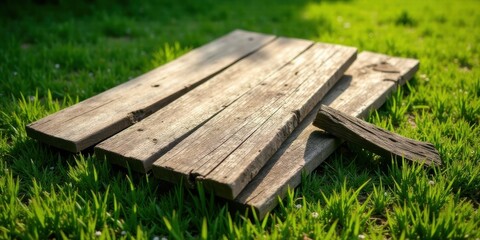 Fototapeta premium Rustic Weathered Wooden Planks Resting on Lush Green Grass in Sunlight