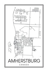 Hand drawn printable downtown road map poster of the Canadian city of AMHERSTBURG on solid white background with city name