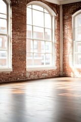 Bright and airy room featuring a rustic red brick accent wall and dark hardwood flooring. Large industrial windows allow natural light to illuminate the space, creating a stylish backdrop