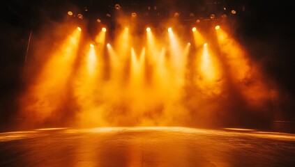 Bright orange spotlights on a stage with smoke. Concept of performance, show