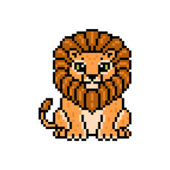 Pixel art lion sitting, cute cartoon character isolated on white background.  Old school vintage retro 8 bit 80's-90's slot machine, 2d video game graphics. Zoo or wildlife animal mascot.