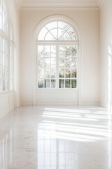 Fototapeta premium This high-ceiling room showcases neutral-toned walls and tall French windows, allowing beautiful natural light to illuminate the luxurious marble floor and create an inviting atmosphere