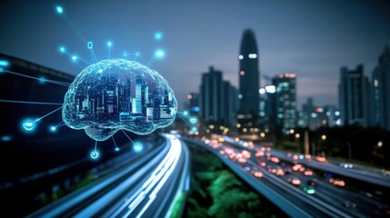 Innovative urban technology integration futuristic cityscape digital art nighttime environment aerial view smart city concept