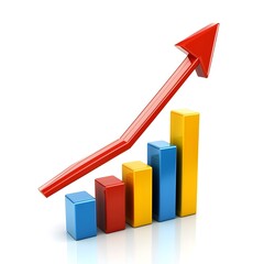 Rising Market: a vibrant, 3D rendered chart with ascending bars, a symbolic arrow representing growth and progress in the business and finance, showcasing the upward trajectory of success.