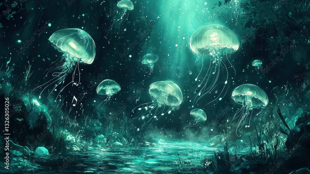 Poster luminous jellyfish float in an ethereal turquoise forest with glowing particles and beams of light c