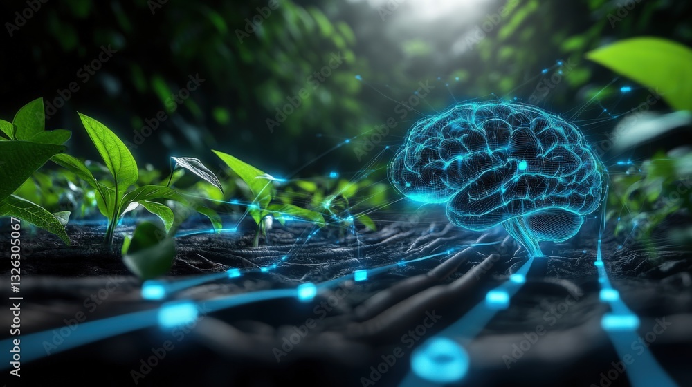 Poster exploring the intersection of technology and nature digital brain growth in a lush forest environmen