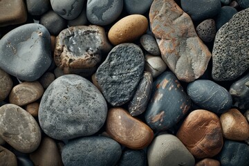 Photo of Pile of grey pebble stones. Detailed photo textured background