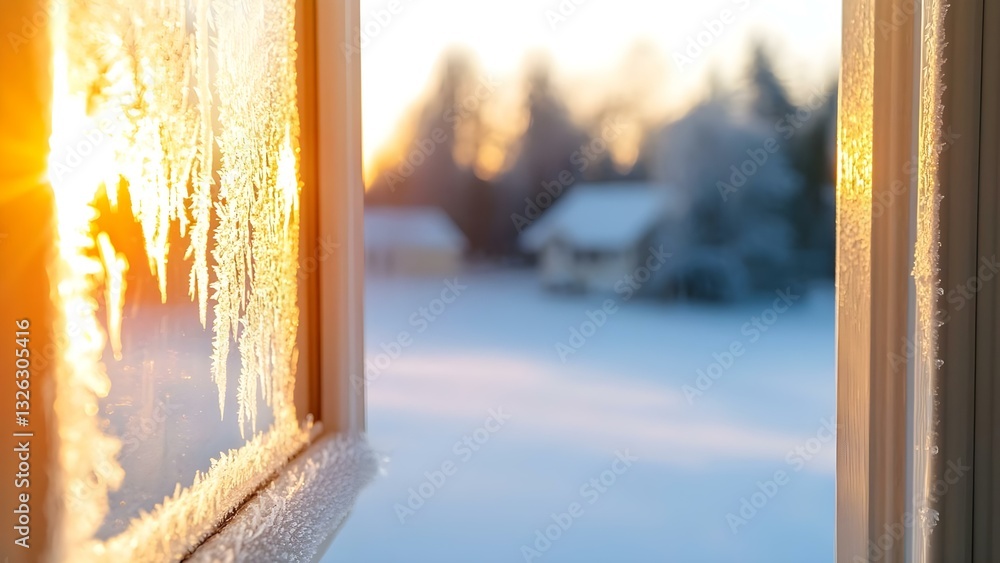 Poster a frosted window with intricate ice patterns and a sunset illuminating a snowy landscape with trees 