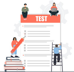 People writing test, teamwork concept, study exam