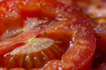 Close-up of fresh tomato slices in vibrant red hues. Artificial intelligence image