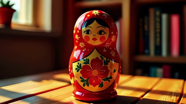 Traditional Russian matryoshka doll beautifully decorated on a wooden table in a cozy room