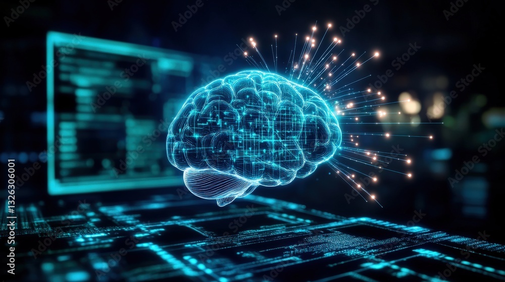 Poster exploring brain-machine interface innovation virtual lab digital art futuristic environment close-up