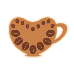 Cup with print of coffee beans. Sticker, label, clip art for cafe, cafeteria, menu, barista, coffee lovers. Flat vector illustration.