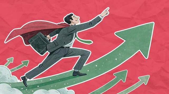 Businessman in a business suit takes off riding a green arrow. Growth concept. Empty space for text. Stop motion animation on red paper background