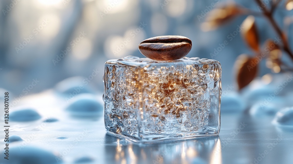 Poster a small ice cube with a coffee bean on top of it